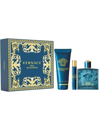 Versace Eros Men's Gift Set - 3.4 oz EDT, 5 oz Shower Gel, Mini Eros 0.33 oz - Luxurious Fragrance in Hard Box