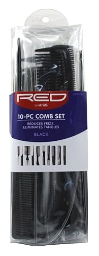 Kiss Red Pro Comb 10-Piece Set - Black, 3 Pack For Professional Styling And Hair Care