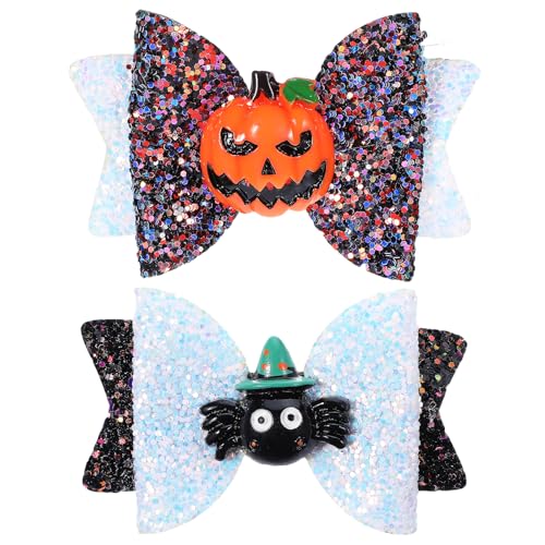 Sibba Halloween Hair Clips - 2Pcs Glitter Spider & Pumpkin Bows For Girls, Cosplay & Parties