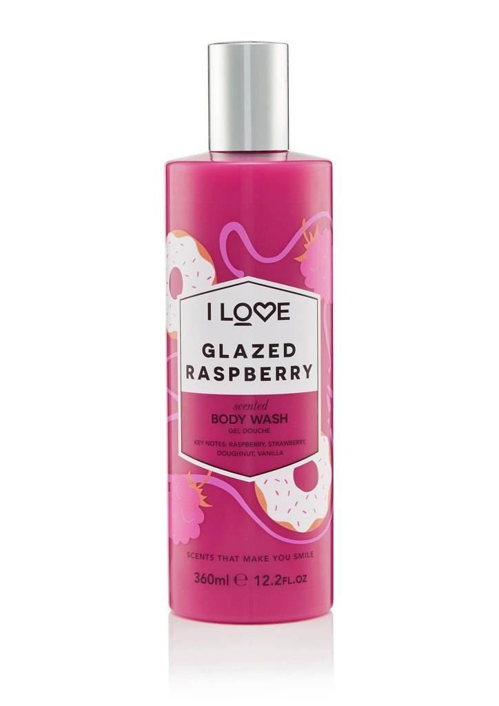 I Love Glazed Raspberry Scented Body Wash  Moisturizing Body Wash and Foaming Bubble Bath  Raspberry  Strawberry  and Vanilla 