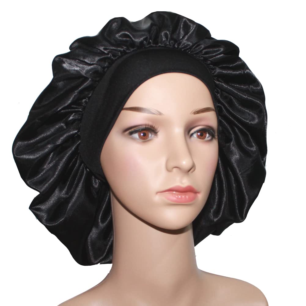 Veyrneic Silk Hair Satin Bonnet For Sleeping & Shower, Black, Wide Elastic Band, One Size