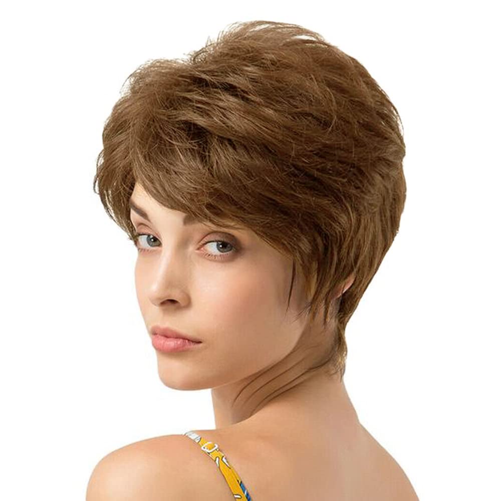 Queentas Pixie Layered Short Wig - Chestnut Brown Synthetic Hair, Natural Curls For Women