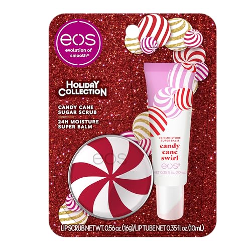 Eos Holiday Lip Treatment Gift Set - Candy Cane Lip Scrub & 24H Moisture Balm, 2-Pack