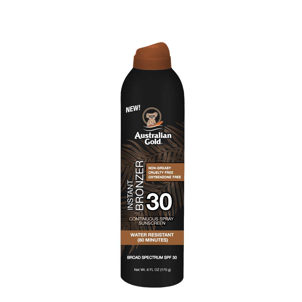 Australian Gold SPF 30 Sunscreen Spray with Instant Bronzer, Water Resistant, 6 Oz