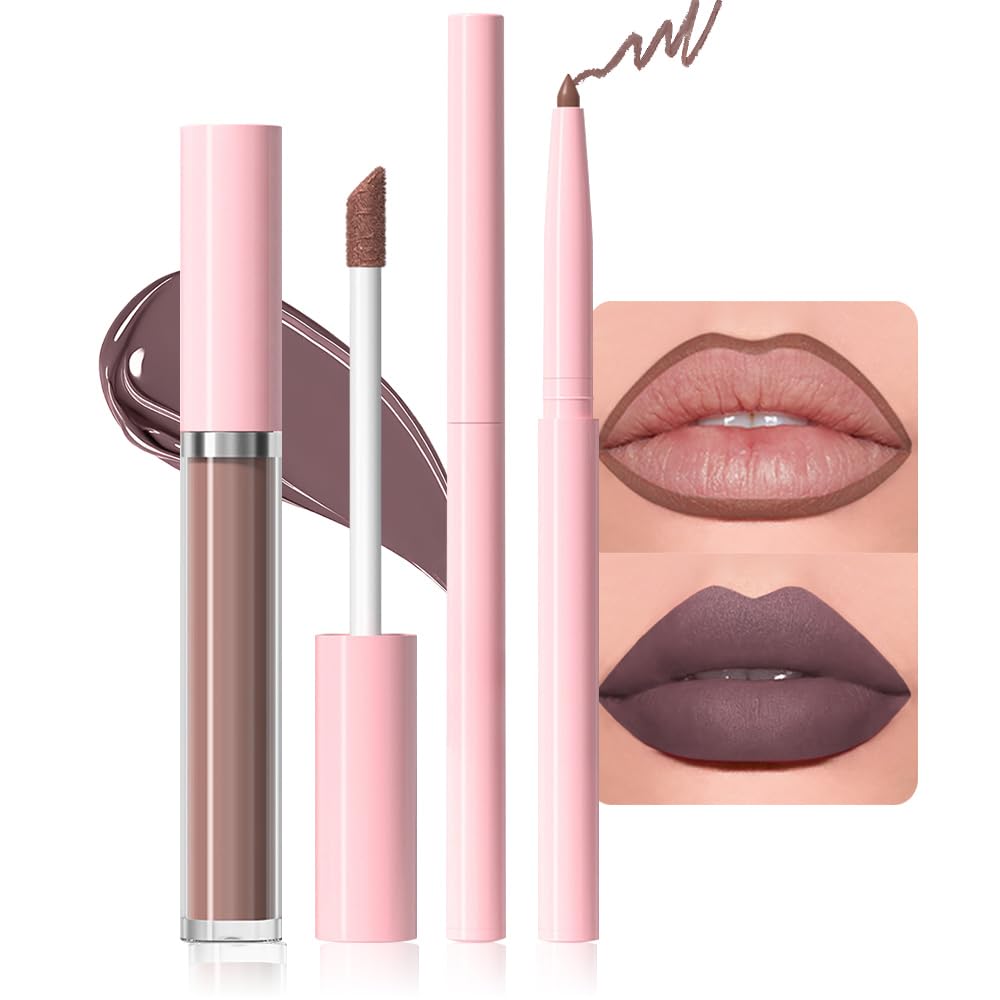 Evpct Lip Liner & Gloss Set - 2Pcs Taupe Waterproof Long-Lasting Matte Colors