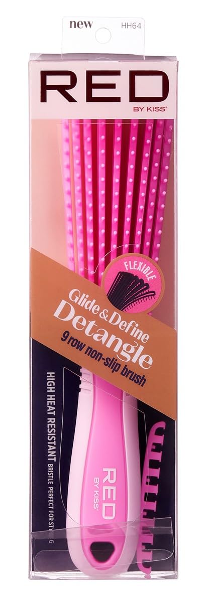 Kiss Red Brush Glide & Define Detangle 9 Row Non-Slip Hairbrush - Pack Of 2, Pink