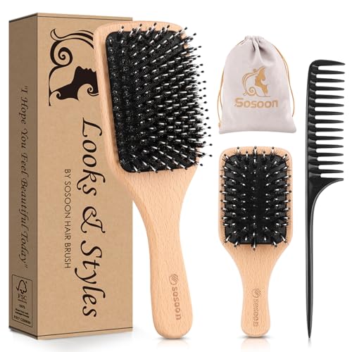 Sosoon 2 Pack Boar Bristle Hair Brush Set For Men, Women & Kids - Travel Comb & Gift Box Included