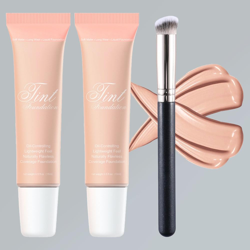 Suake 2 Pack Liquid Foundation Cream & Brush - Full Coverage Matte, Waterproof, Oil Control, #03