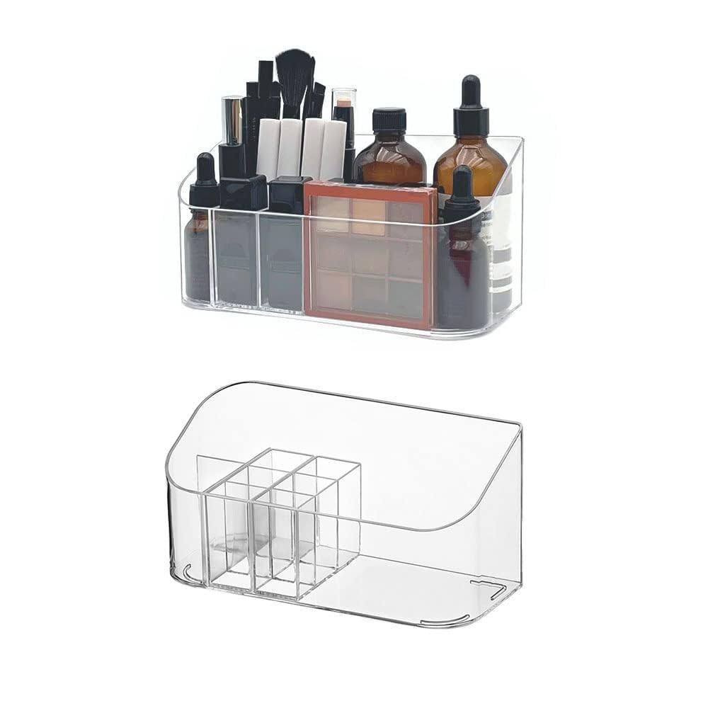 Linfidite 2 Pack Clear Acrylic Makeup Organizer Tray With 9 Compartments & Removable Dividers