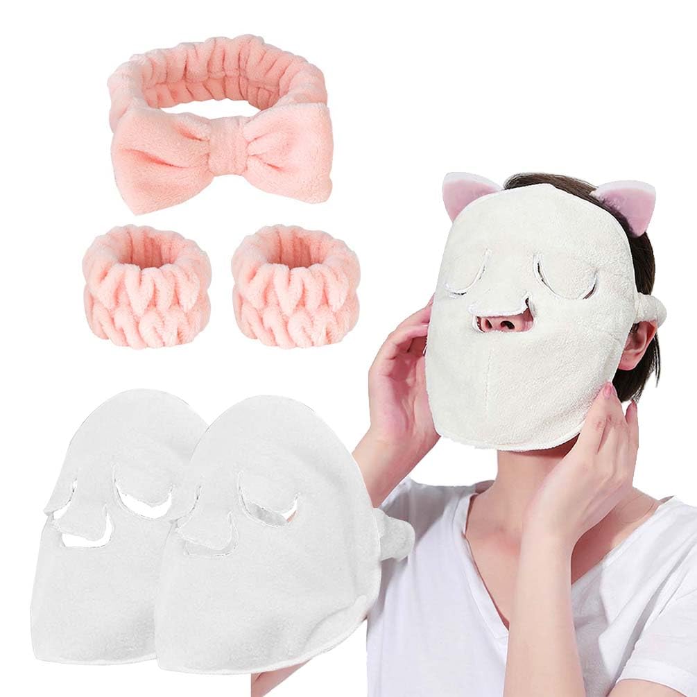 Hansamu 5 Pcs Reusable Hot Cold Face Towel Masks With Spa Headband & Wristbands - Apricot