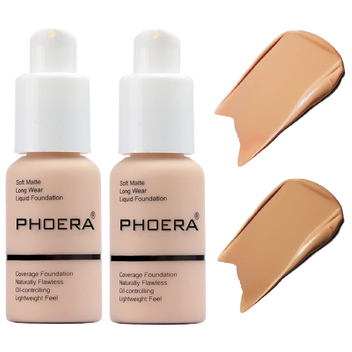 Phoera 2 Pack Foundation - Matte Oil Control Waterproof Liquid Concealer (104 Buff Beige + 105 Sand)