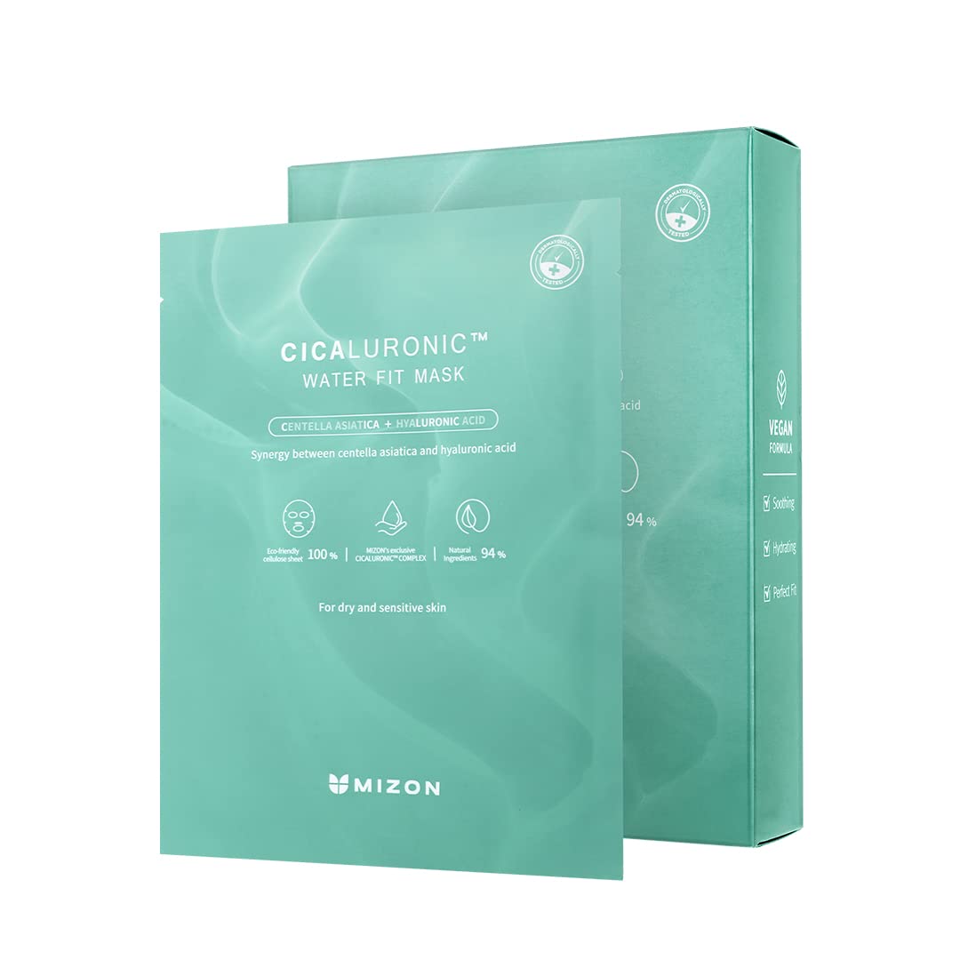 Mizon Cicaluronic Water Fit Face Mask - Vegan Cica & Hyaluronic Acid For Dry Sensitive Skin (10 Pack)