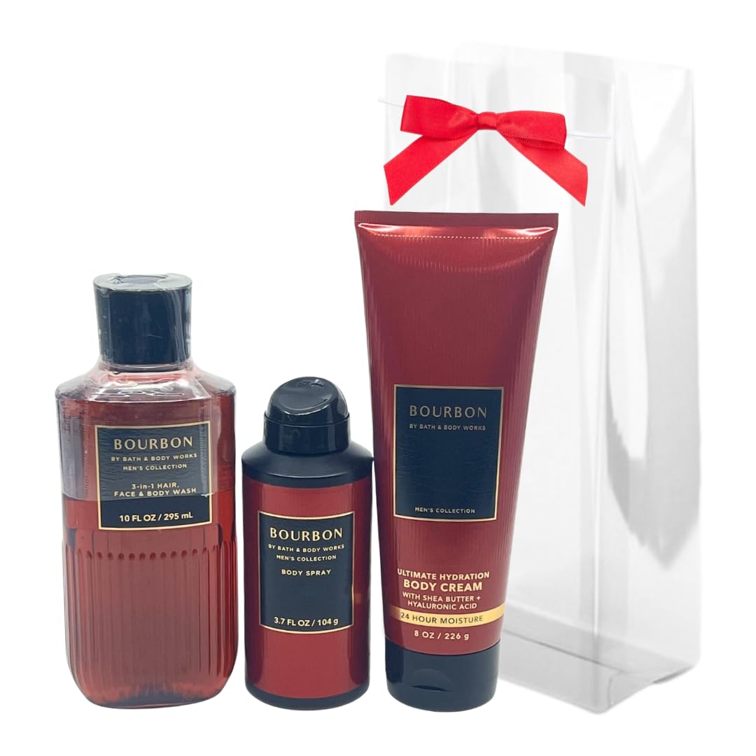 Bath & Body Works Bourbon For Men Gift Pack - Body Wash, Cream & Spray - Holiday Bundle