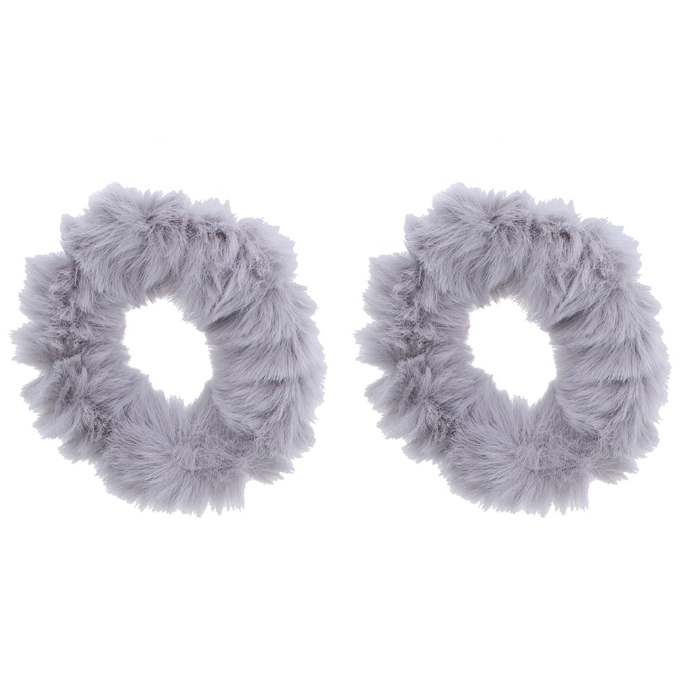 Motique Accessories Small Fuzzy Fur Scrunchies - Light Grey Pony Holder Set of 2