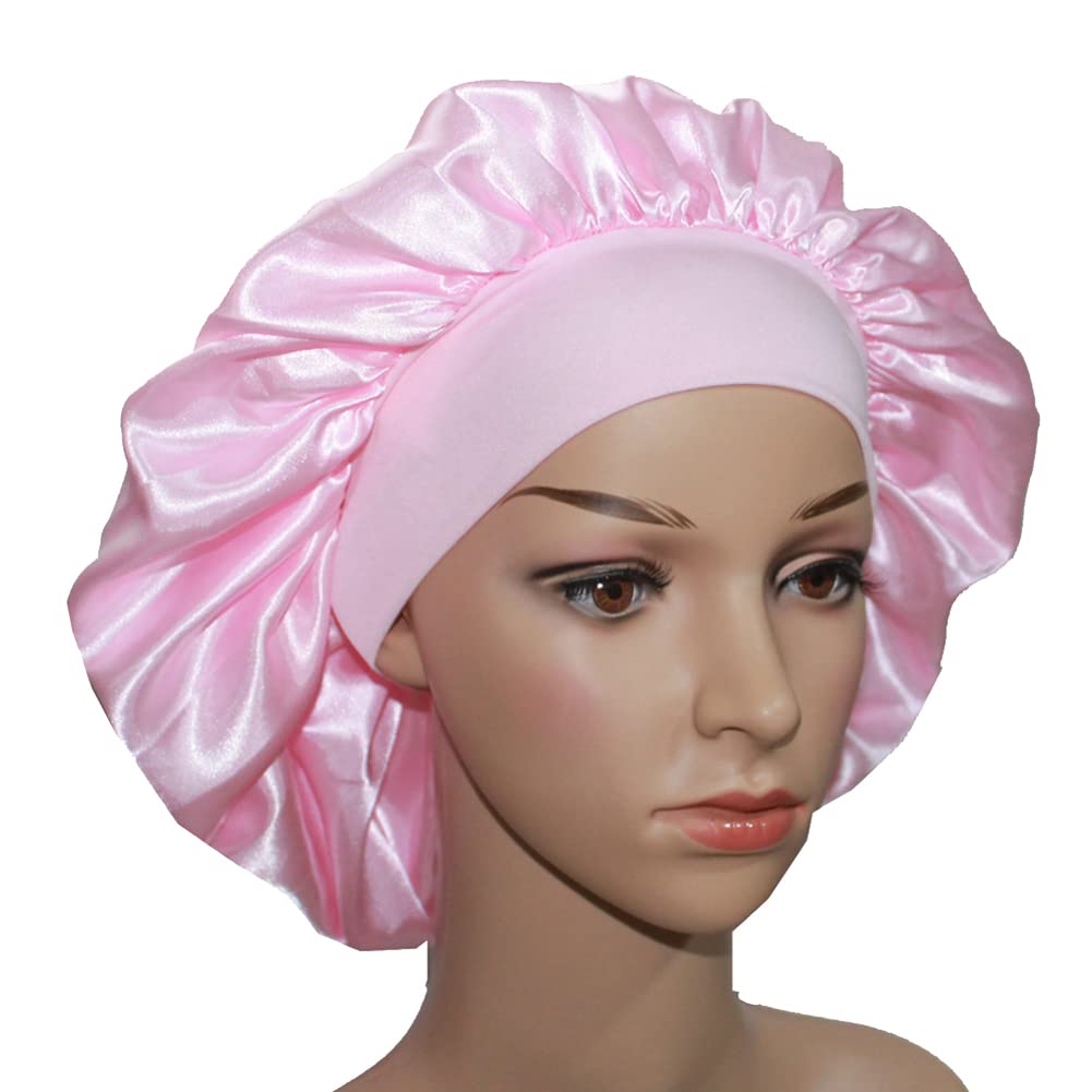 Veyrneic Pink Silk Hair Bonnet For Sleeping & Shower, Wide Elastic Band, One Size, Storage Bag