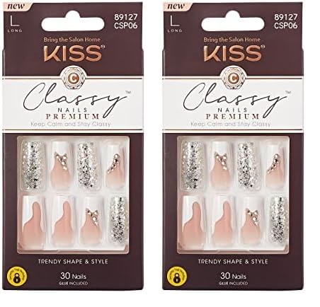 Kiss Premium French Manicure Fake Nails Set With Rhinestones, 30 Glue-On Acrylic Nails