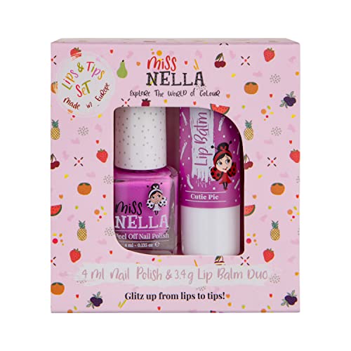 Miss Nella Nail Polish & Lip Balm Set - Purple Glitter, Blueberry Smoothie, Peel-Off, Kids Safe