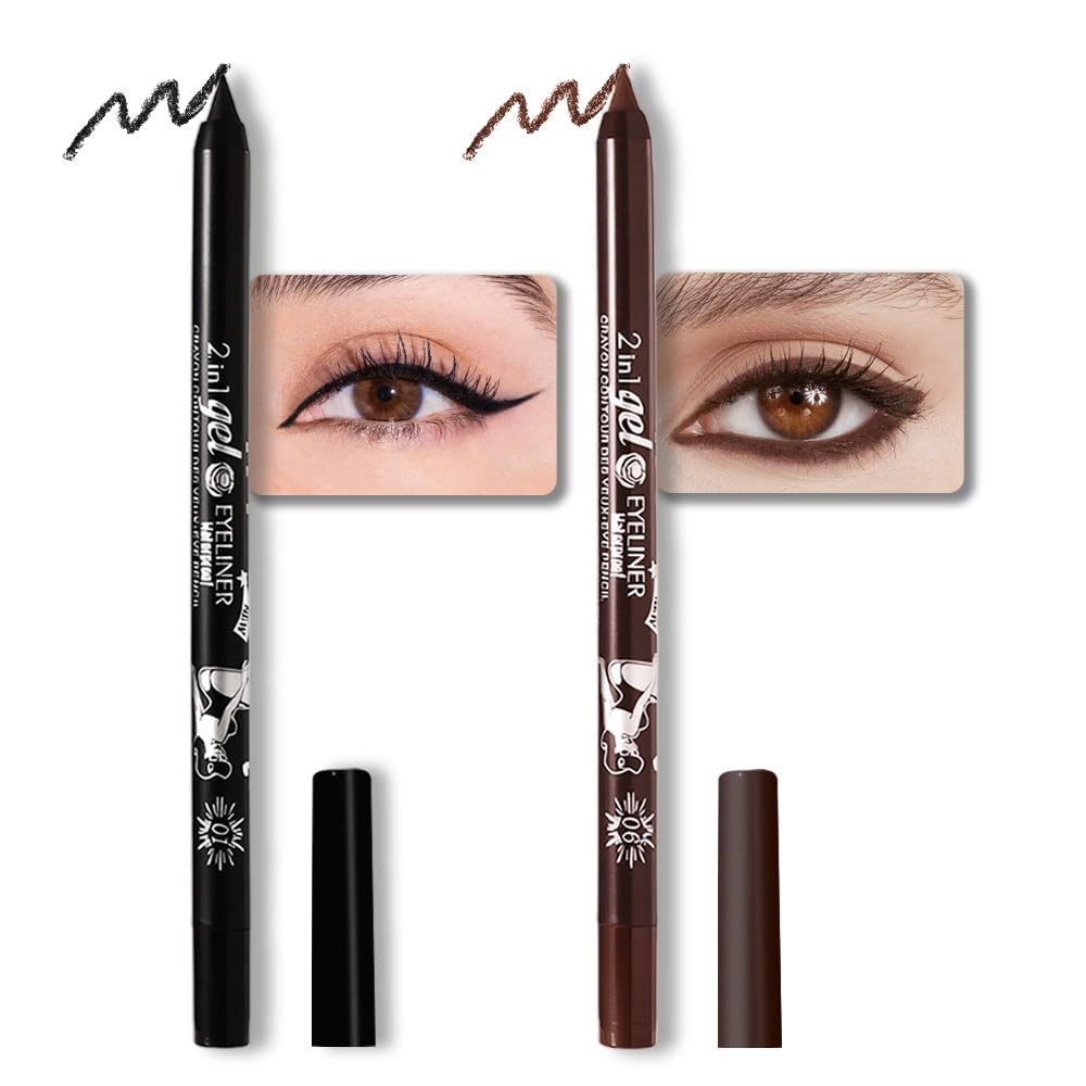 Kaely 2Pcs Waterproof Gel Eyeliner Pencil Set - Black & Dark Brown, Smudge-Proof, Long Lasting