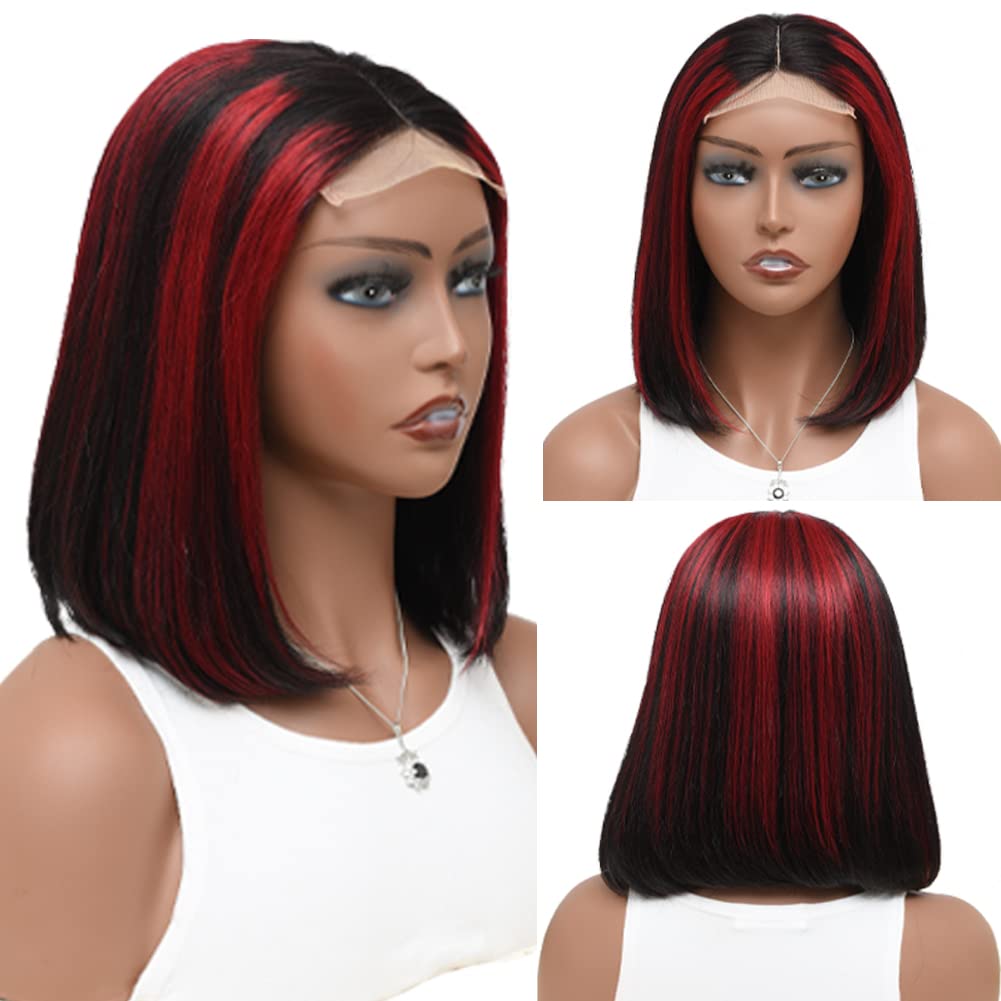 Mimore 12&quot; Ombre Red Short Bob Lace Front Human Hair Wig For Black Women - Straight T Part