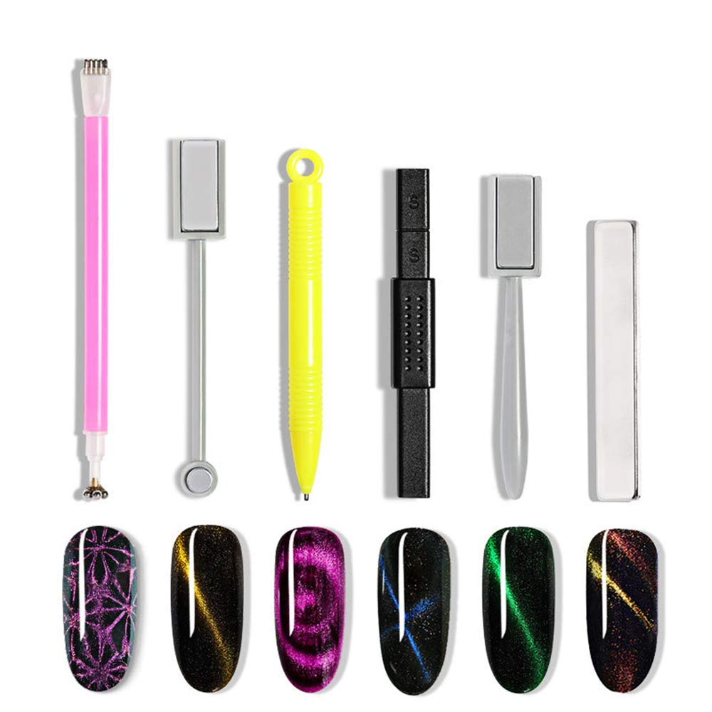 Pure Vie 6 Pcs Nail Magnet Tool Set - Enhanced 3D Cat Eye Gel Polish Pens For Nail Art