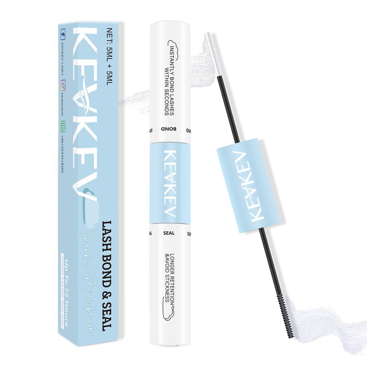 Kevkev Clear Lash Bond & Seal Glue, 72-Hour Strong Hold, Waterproof, 10Ml Total