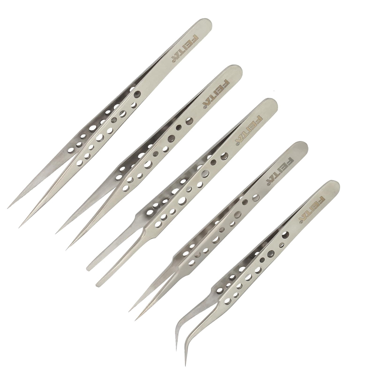 Feita Precision Tweezer Set - 5Pcs Stainless Steel For Crafts, Soldering, Jewelry, And Lash Extensions