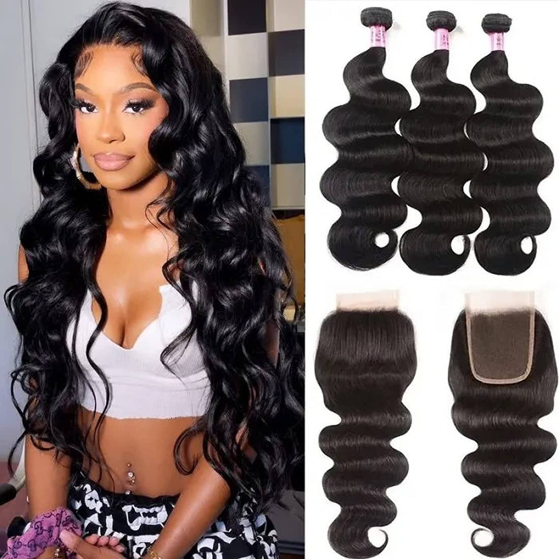 UNice Brazilian Body Wave Hair Bundles with Lace Closure - 22/24/26 + 18 Inch, Natural Black