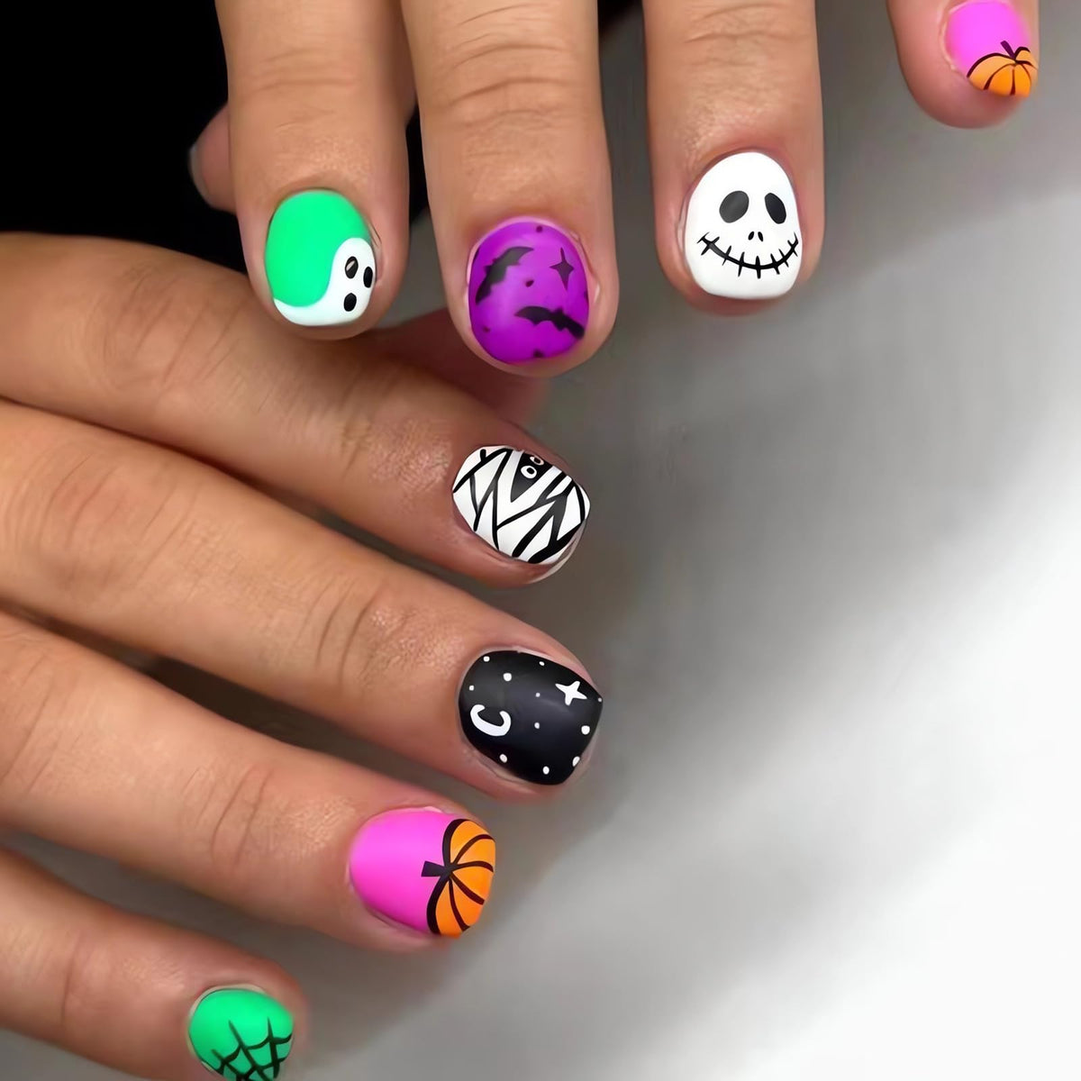 Ohwoda Halloween Press On Nails - Glossy Purple Green Black Short Fake Nails With Cute Designs