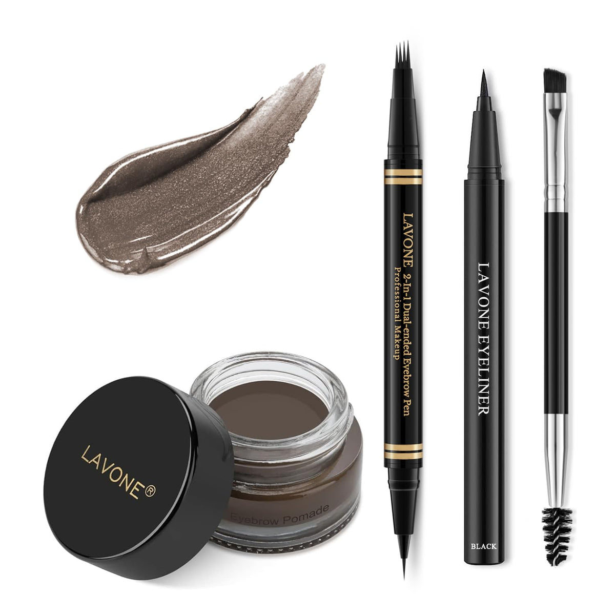 Lavone Eyebrow Pen Makeup Kit - Waterproof Microblading Pencil, Pomade & Brush - Medium Brown