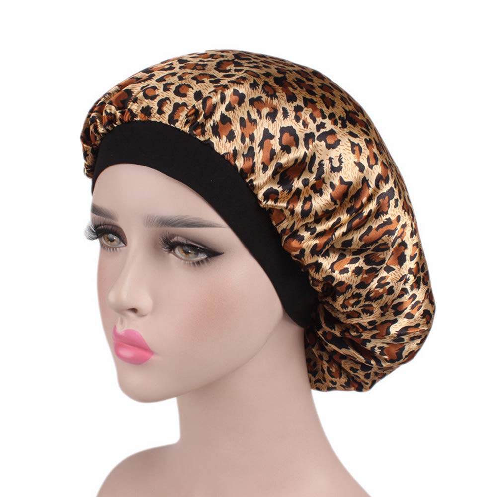 Tvoip Leopard Satin Bonnet For Women - Sleep Cap With Wide Elastic Band, One Size