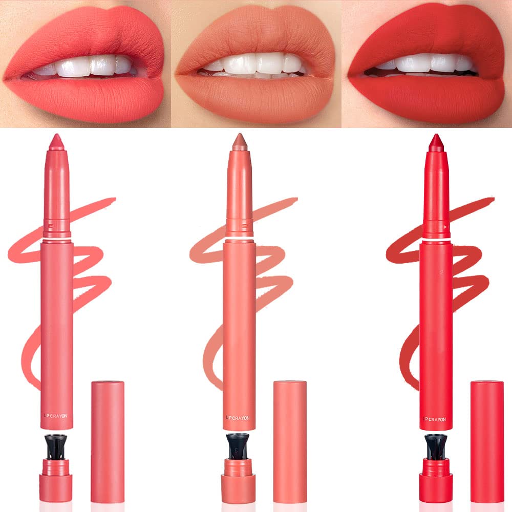 Suake Matte Lipstick & Lipliner Pencils Set, 3 Waterproof Colors With Built-In Sharpener