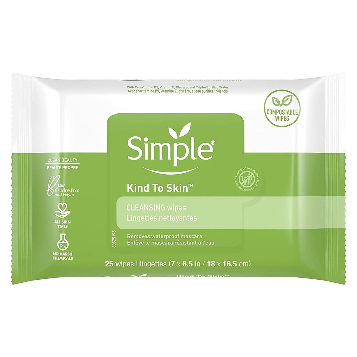 Simple Cleansing Facial Wipes, Waterproof Mascara Remover, 25 Count (4 Pack), Sensitive Skin