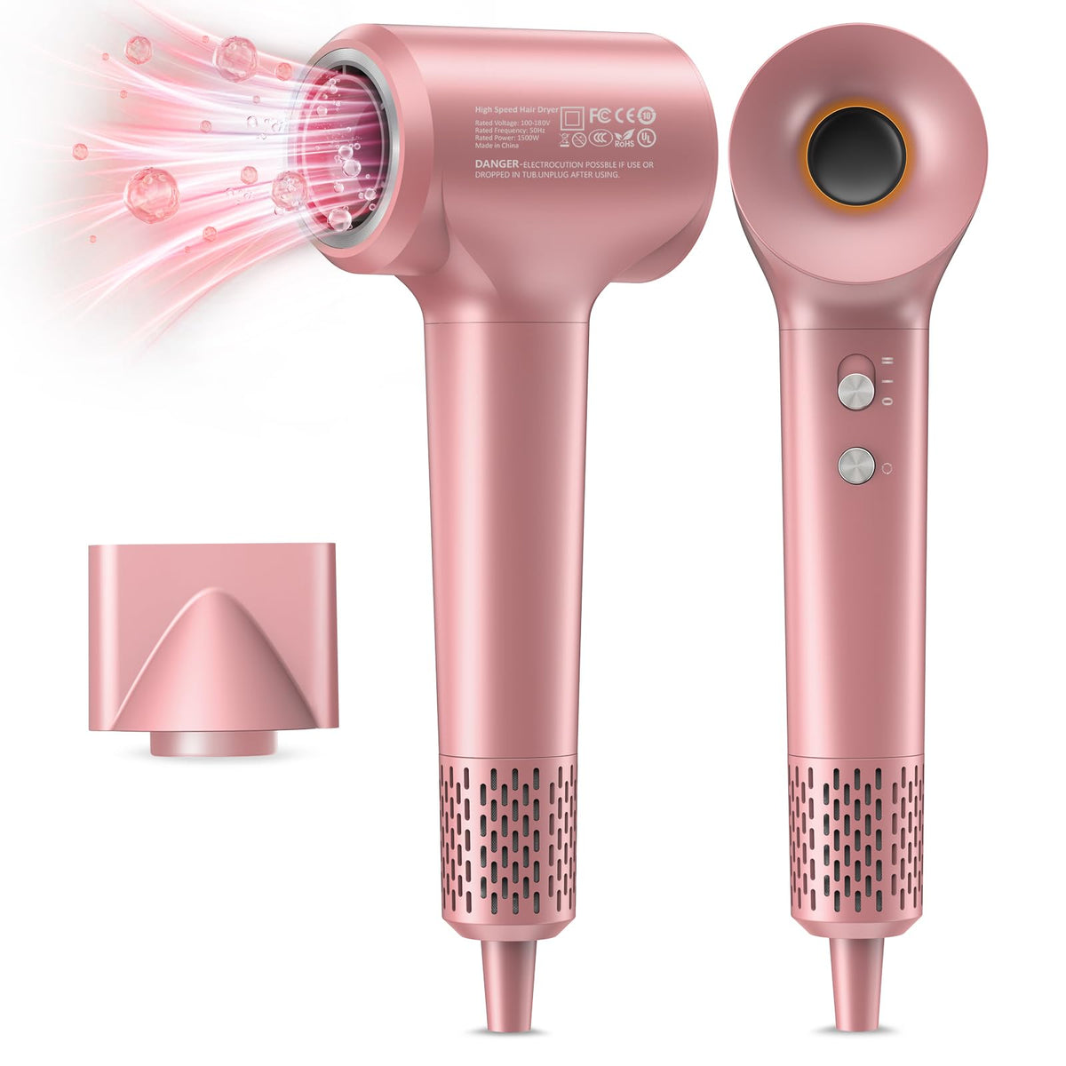 Hzd 1500W Ionic Hair Dryer - Fast Drying, Low Noise, 4 Temp & 2 Speed, Rose Gold