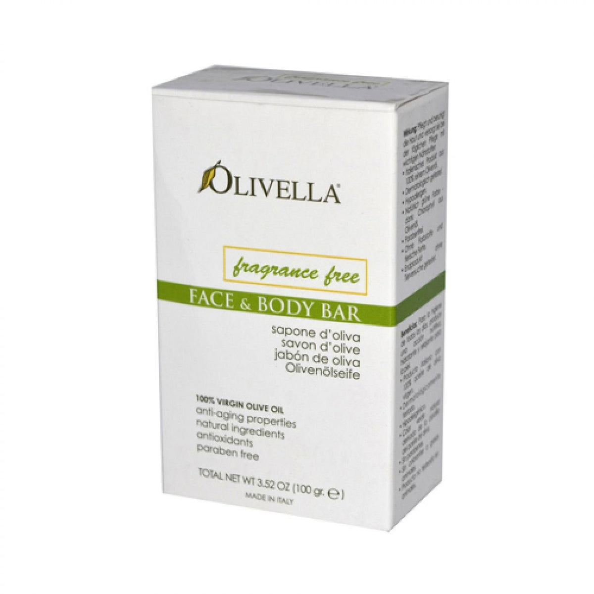 Olivella 100% Virgin Olive Oil Fragrance-Free Bar Soap, 3.5 Oz - Natural Cleanser