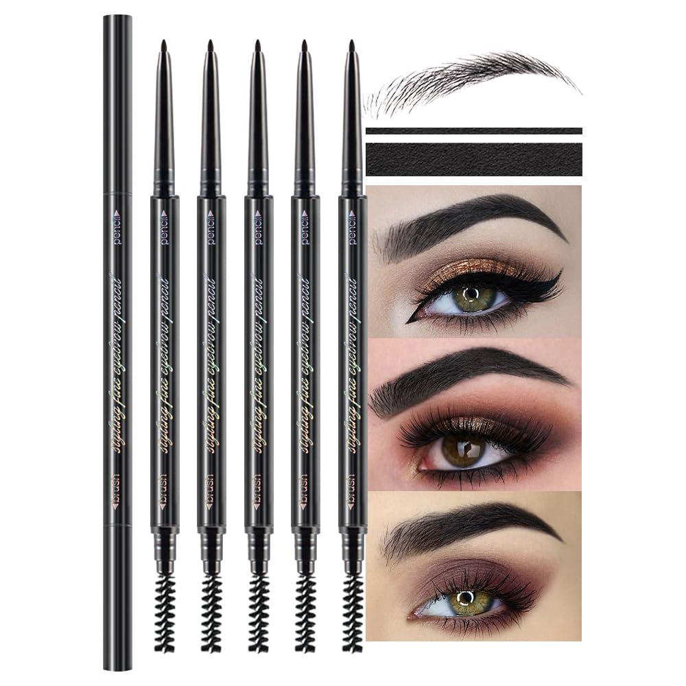 Wantuoluo 5 Pcs Waterproof Dual-Sided Fine Tip Eyebrow Pencils - Ultra-Fine, Black