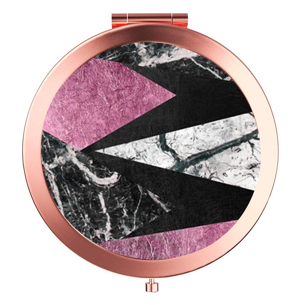 Yckmd Rose Gold Compact Travel Mirror - 2X & 1X Magnification, Black Marble, Round Design