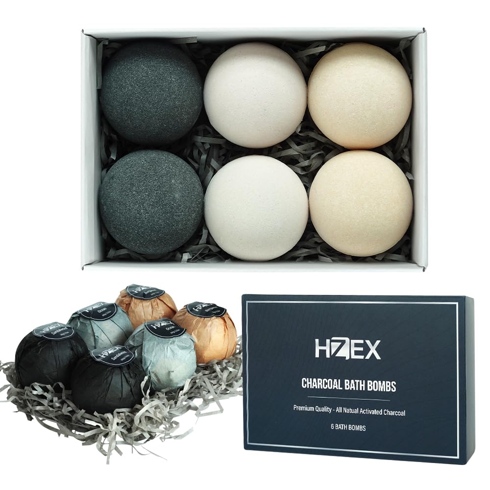 Hzex Bath Bombs - 6 Large Charcoal Fizzes With Essential Oils & Shea Butter For Relaxation