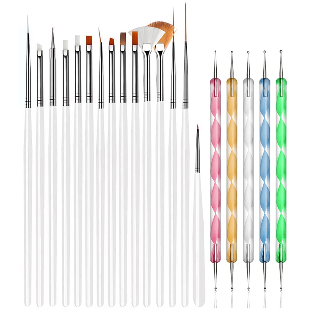 Joyjuly 20Pcs Nail Art Tools Set - 15 Paint Brushes & 5 Dotting Pens, White