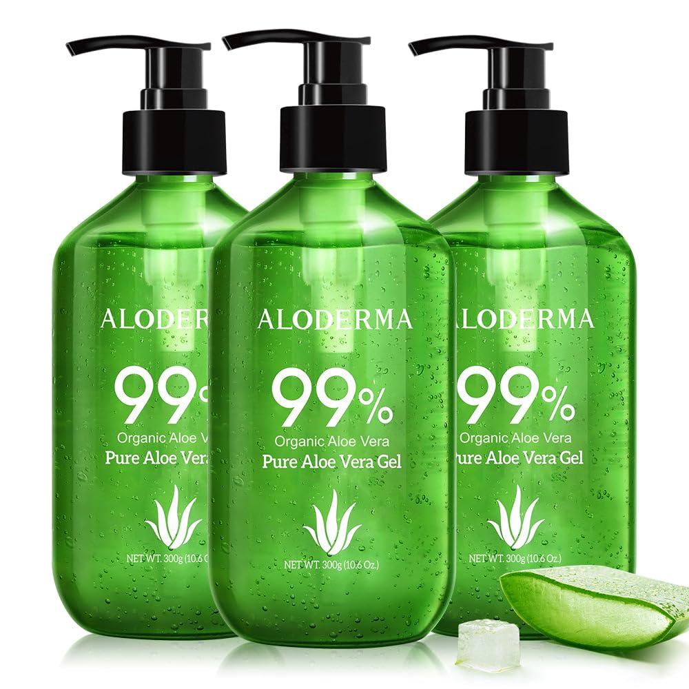 Aloderma 99% Organic Aloe Vera Gel, 3X10.6Oz Pump - Soothing Sunburn Relief For Face &