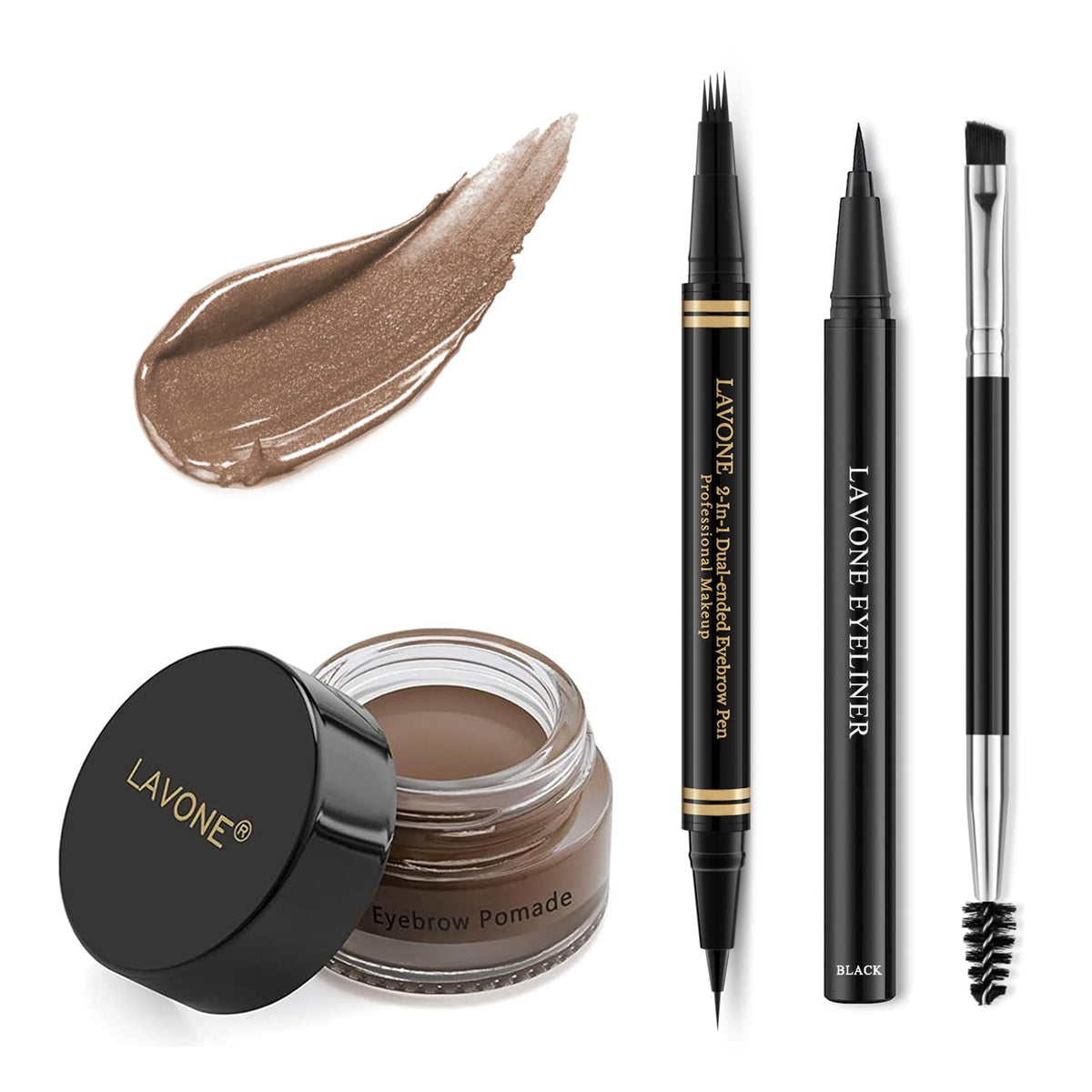 Lavone Eyebrow Pen Makeup Kit - 4 Tip Waterproof Microblading Pencil & Dual-Ended Brush, Dark Brown