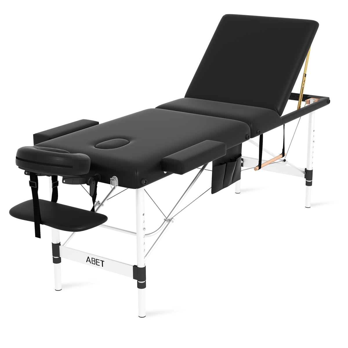 Abet 3-Fold Portable Massage Table - Height Adjustable, Compact Spa Bed With Oil Pocket, Black