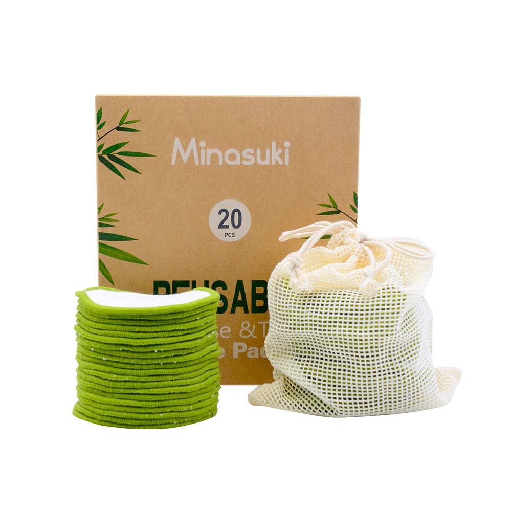 Minasuki 20 Pack Reusable Bamboo Cotton Makeup Remover Pads With Laundry Bag - All Skin Types