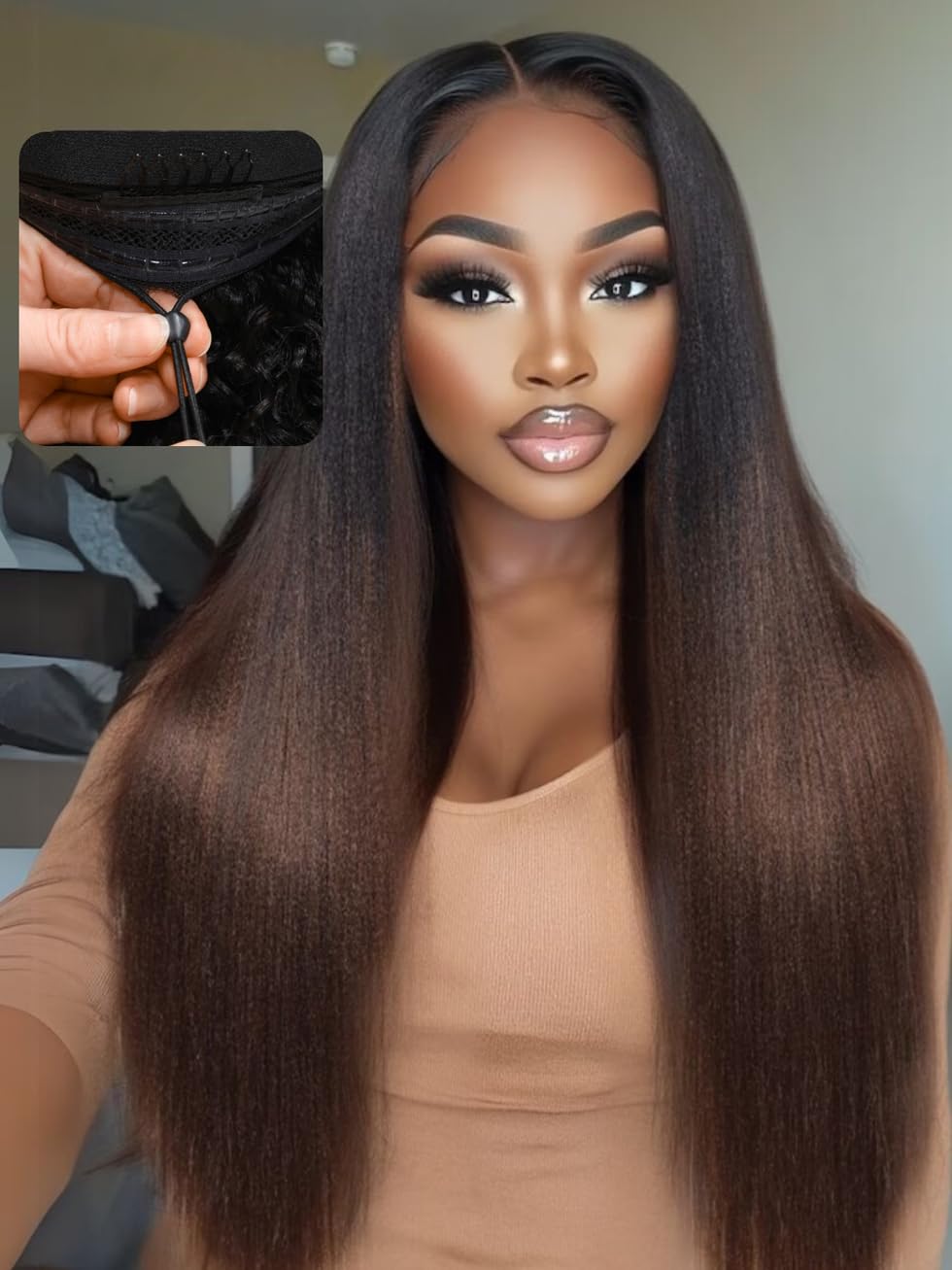 Unice 24&quot; Easicontour Yaki Straight V Part Wig, Chestnut Brown Ombre, 180% Density, Human Hair