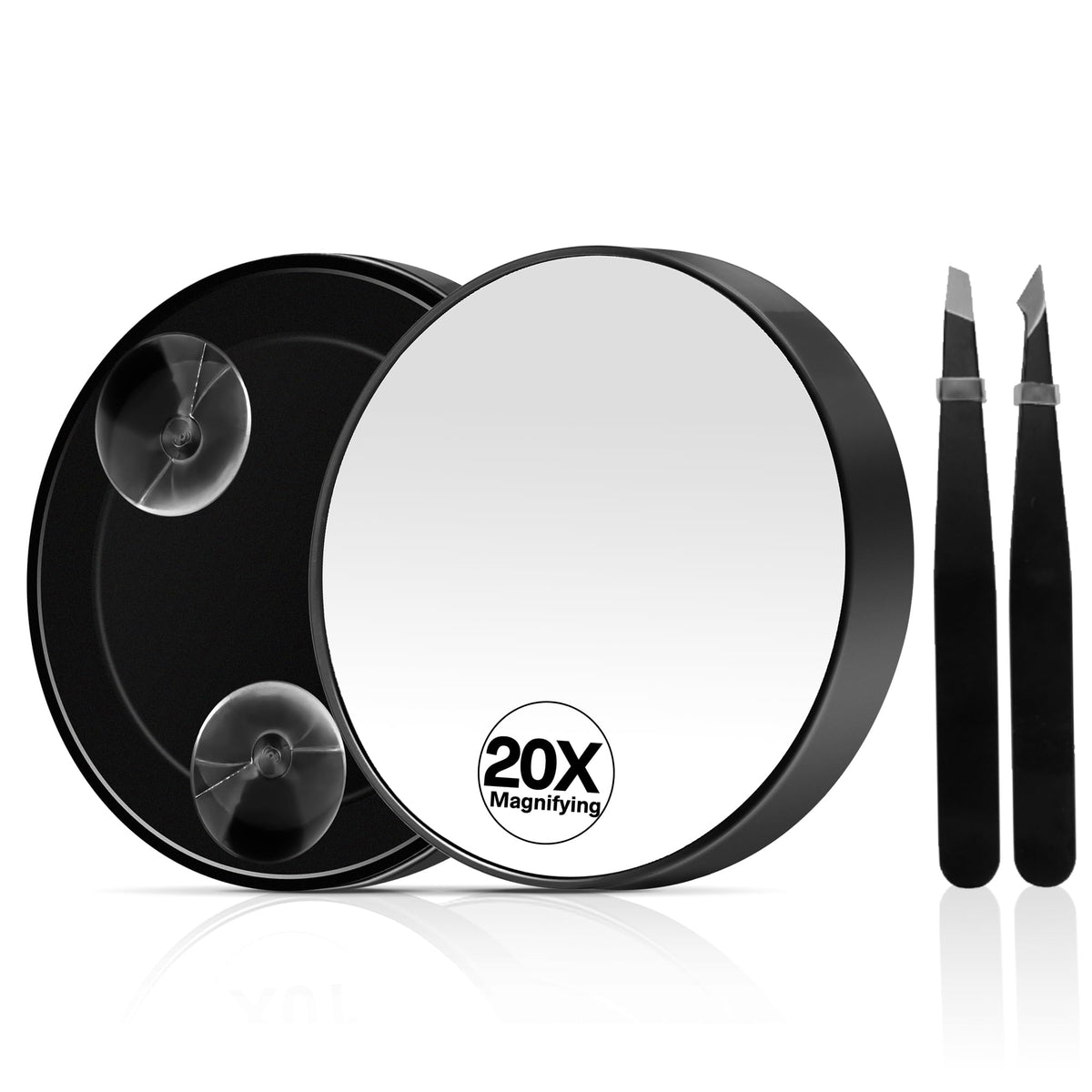 Miyadiva 20X Magnifying Makeup Mirror With Suction Cup & 2 Tweezers - Black, 3.5