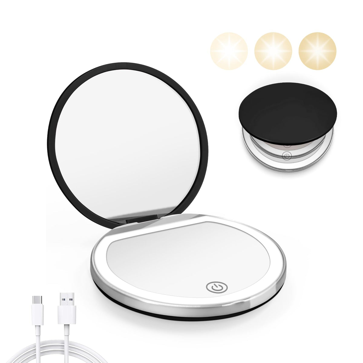 Kakuje Led Compact Mirror With Light - 1X/3X Magnification, Portable Black Pocket Mirror