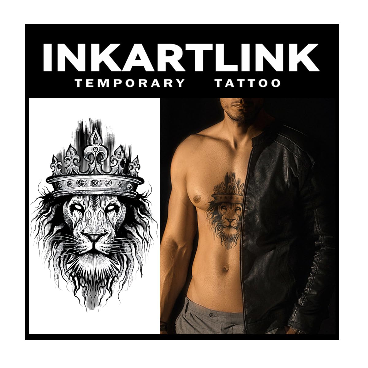 Inkartlink Lion King Extra-Large Temporary Tattoo - Waterproof, Realistic, Lasts 1-2 Weeks