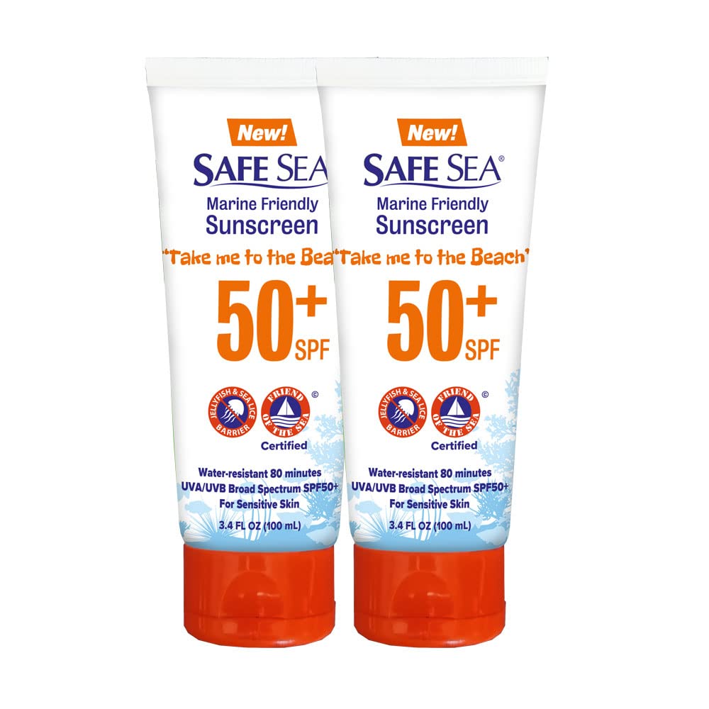 Safe Sea Anti-Jellyfish Sting Lotion Spf 50 - Sunscreen Sunblock For Adults (3.4 Oz, 2 Pack)