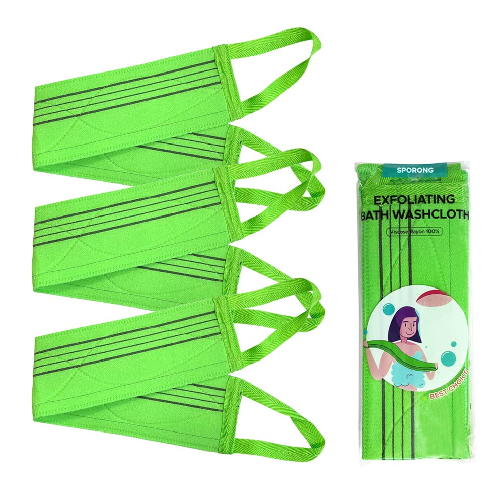 Sporong Long Exfoliating Back Washcloth Towel (3 Pcs) - Green, Rayon, 80X9 Cm