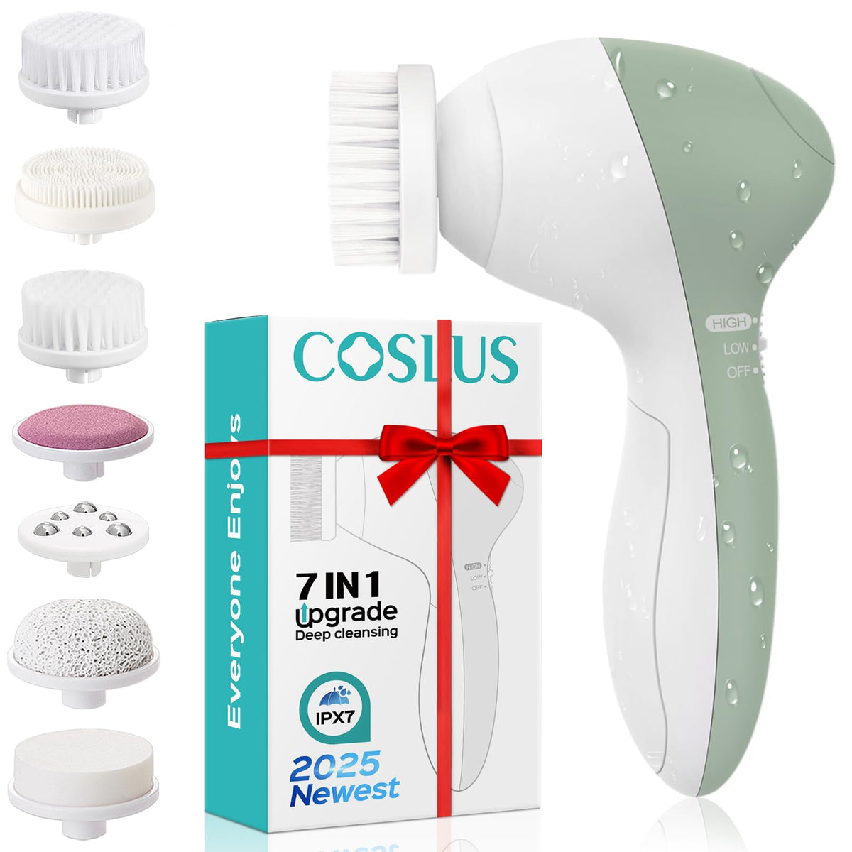 Coslus 7-In-1 Facial Cleansing Brush - Electric Waterproof Exfoliating Scrubber With 7 Brush Heads