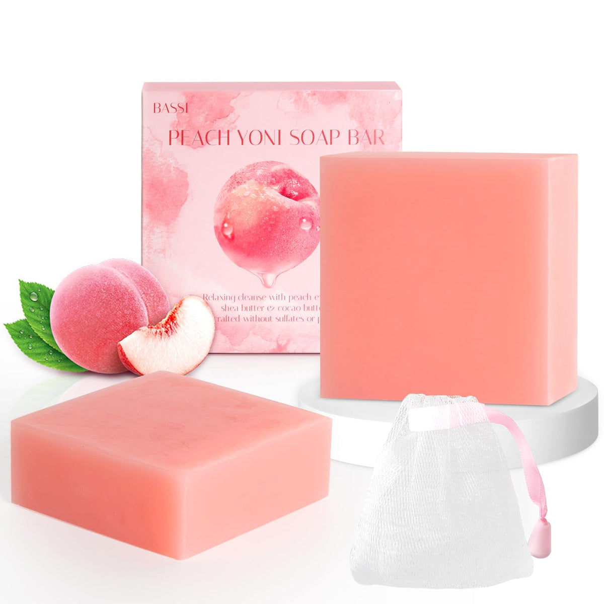 Bassi Yoni Soap Bars - 100% Natural Feminine Wash, 2 Pcs, Peach, Ph Balanced, Moistur